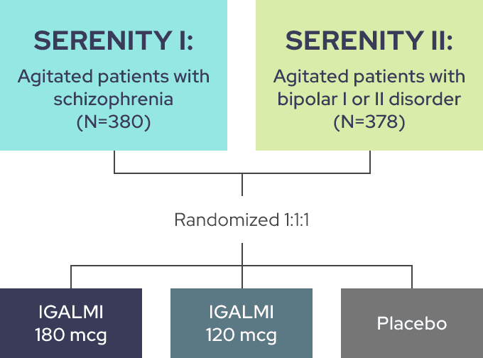 SERENITY I and II randomized agitated patients with schizophrenia or bipolar I or II disorder in 3 arms (placebo, 180 mcg, 120 mcg)